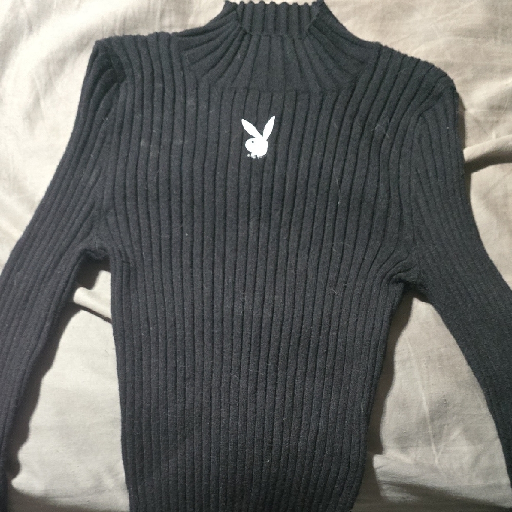 PLAYBOY Black Long Sleeve Ribbed Top